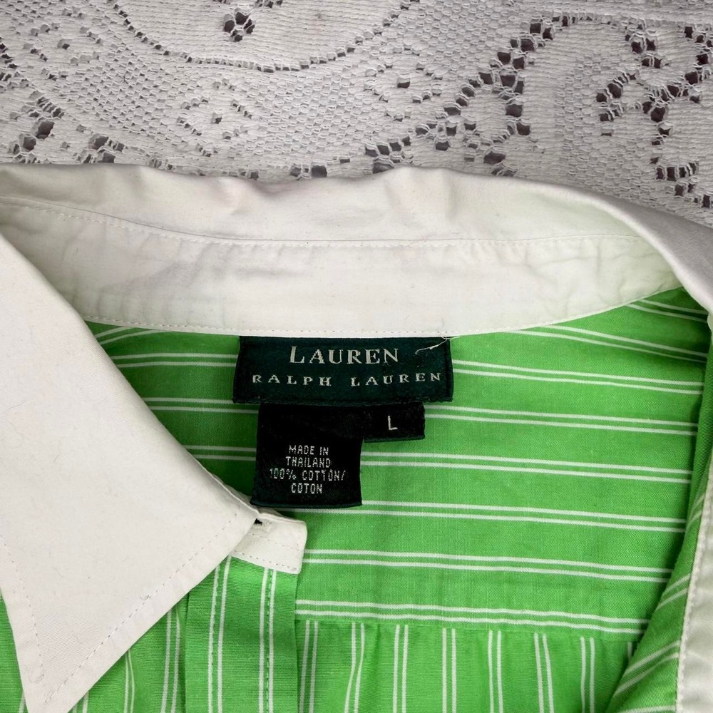 Lauren Ralph Lauren Green Striped Contrast Cuff Button-Up Shirt- L - Picture 4 of 8